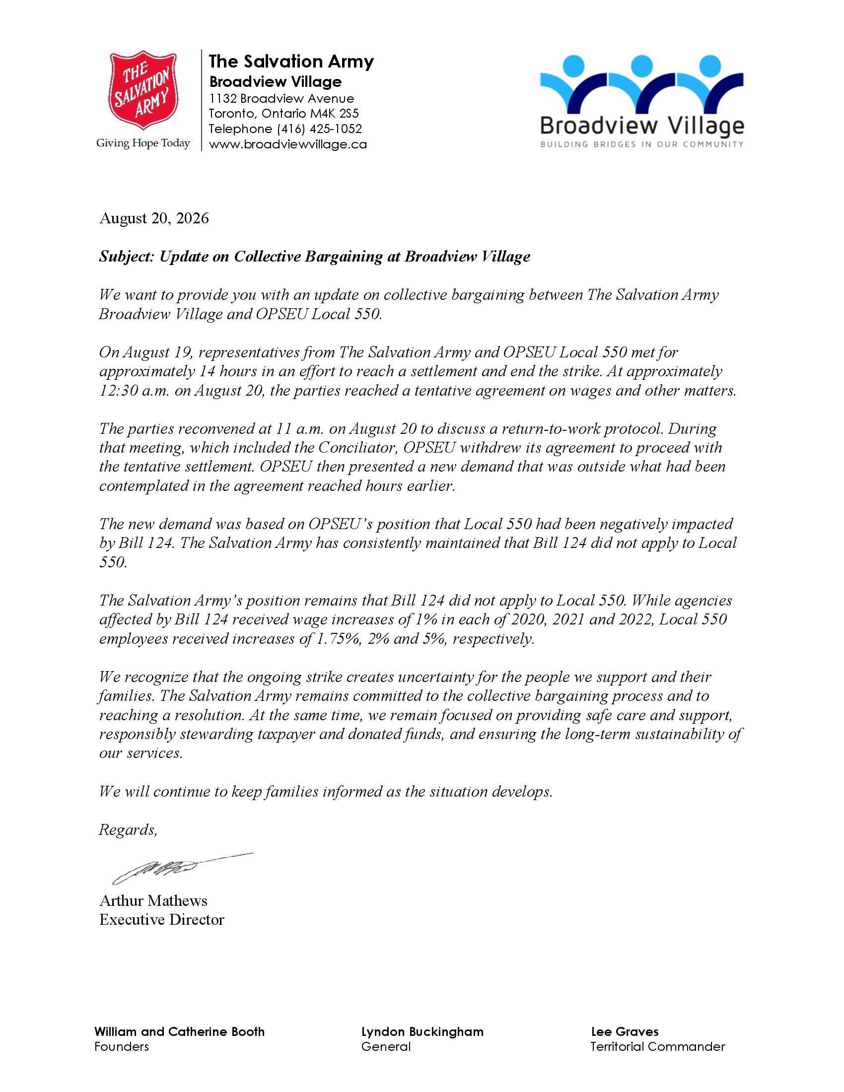 Letter from Executive Director on letterhead with the update on the labour action.